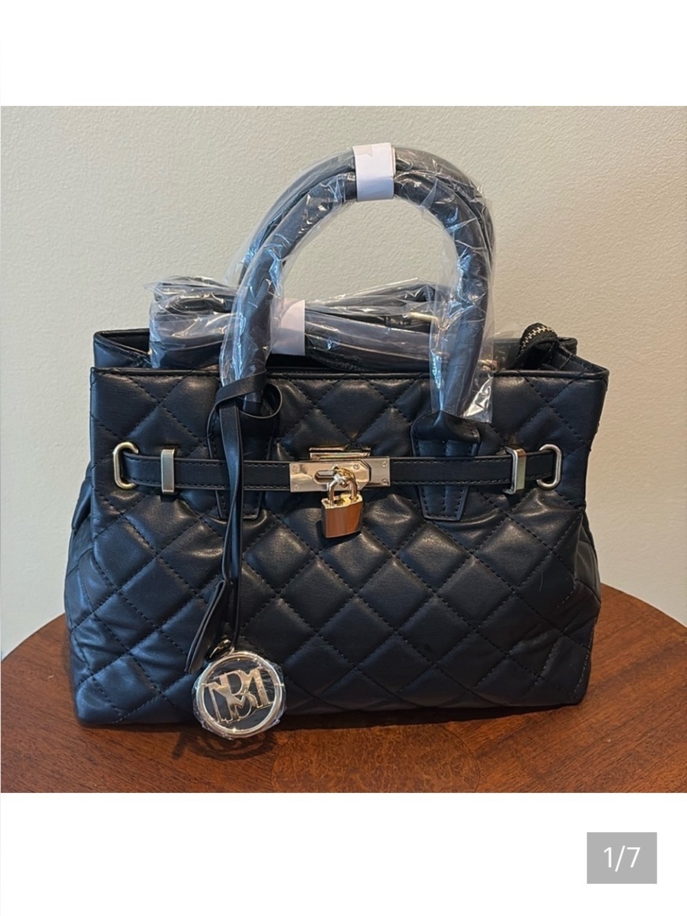Badgley Mischka Satchel crossbody bag vegan quilted black gold tone lock/key